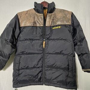 Vintage Timberland‎ Mens Small Down Puffer Jacket Leather Trim Black Wheat Gold